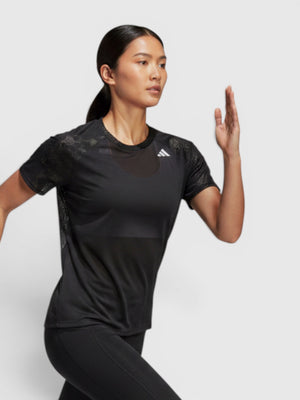 FTFO || BIG BRAND LOW PRICE black Adidas Adizero running tee with perforated fabric worn by a female runner