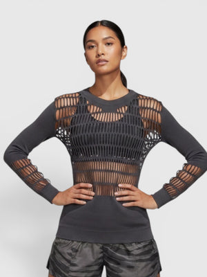 FTFO || BIG BRAND LOW PRICE Adidas Warp Knit long sleeve shirt in charcoal grey with seamless mesh ventilation panels