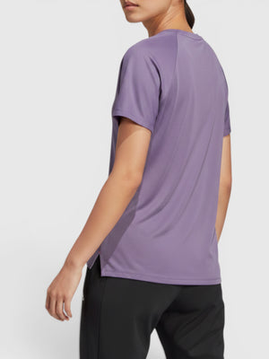 FTFO || BIG BRAND LOW PRICE Adidas Adizero purple perforated running tee worn by a female athlete from the back