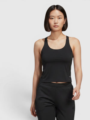 FTFO || BIG BRAND LOW PRICE model wearing a black Adidas Parley cropped tank top with AEROREADY technology