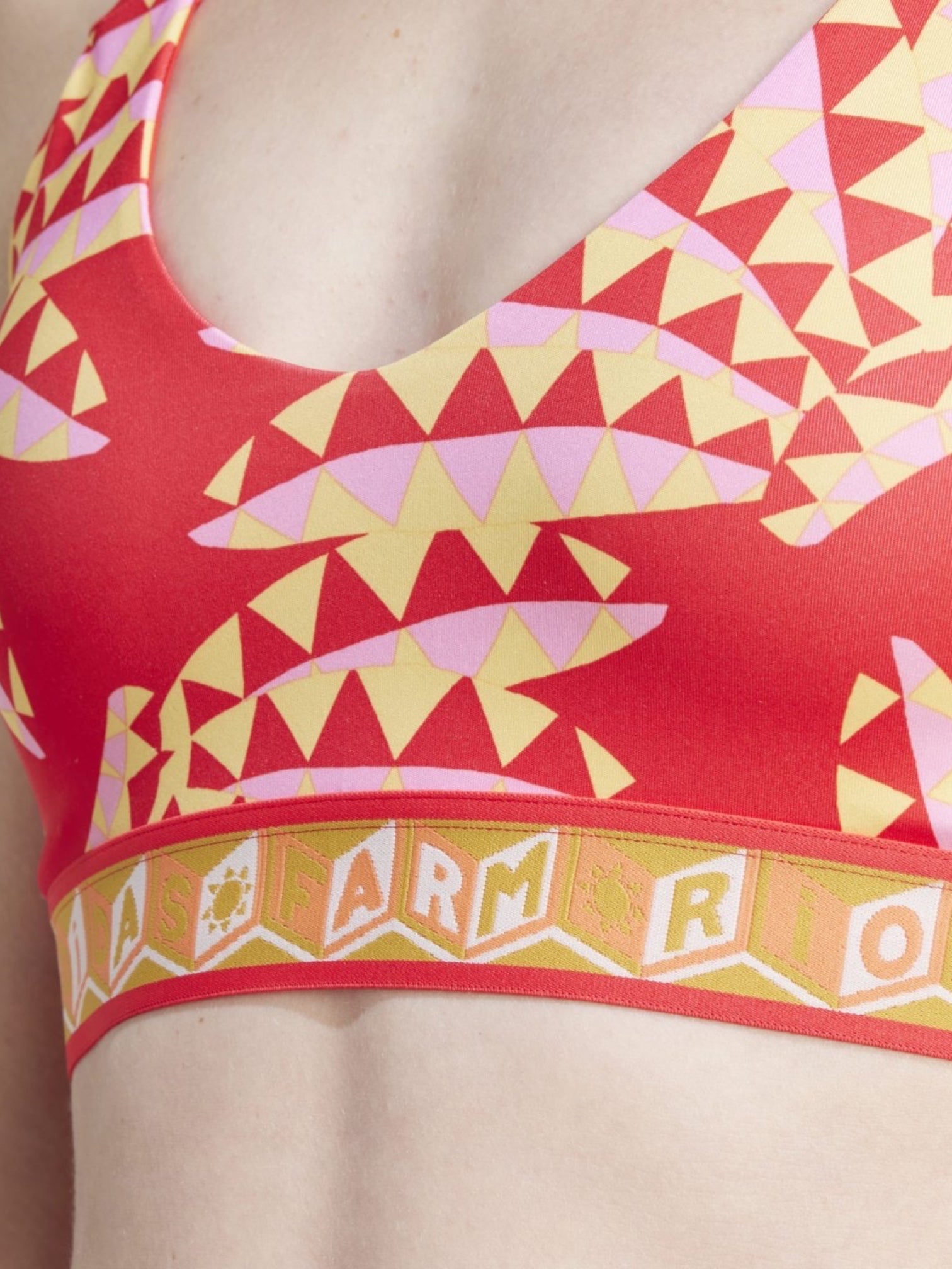 FTFO || BIG BRAND LOW PRICE Adidas x FARM Rio medium support sports bra in vibrant red with kaleidoscopic patterns
