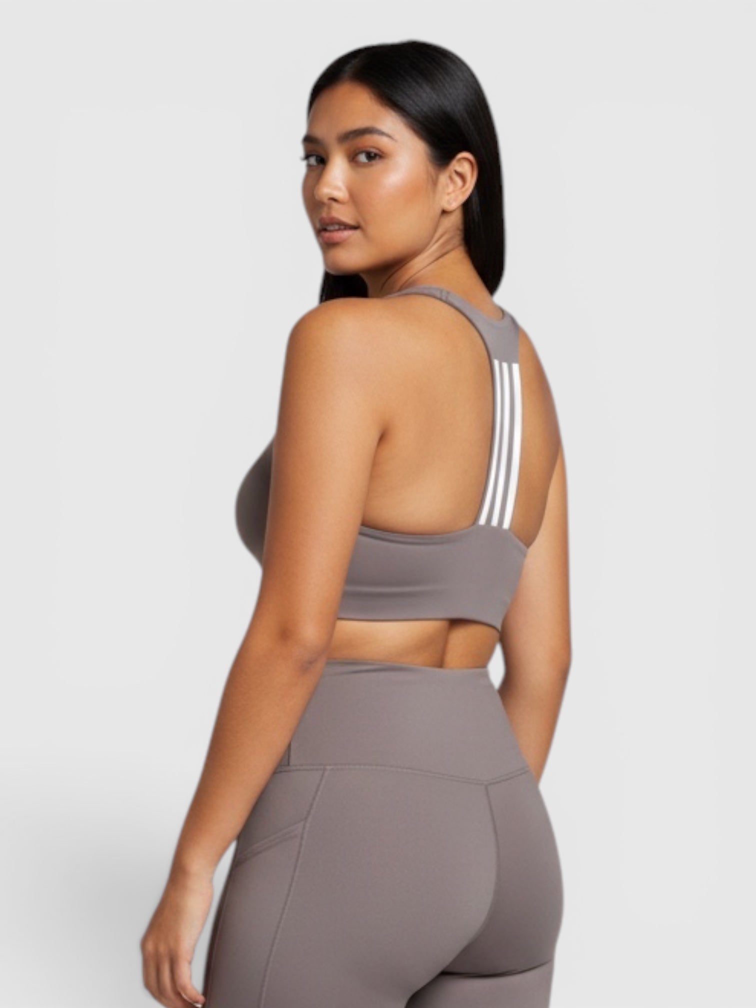 FTFO || BIG BRAND LOW PRICE Adidas medium support sports bra and leggings set in grey with white three-stripe detail