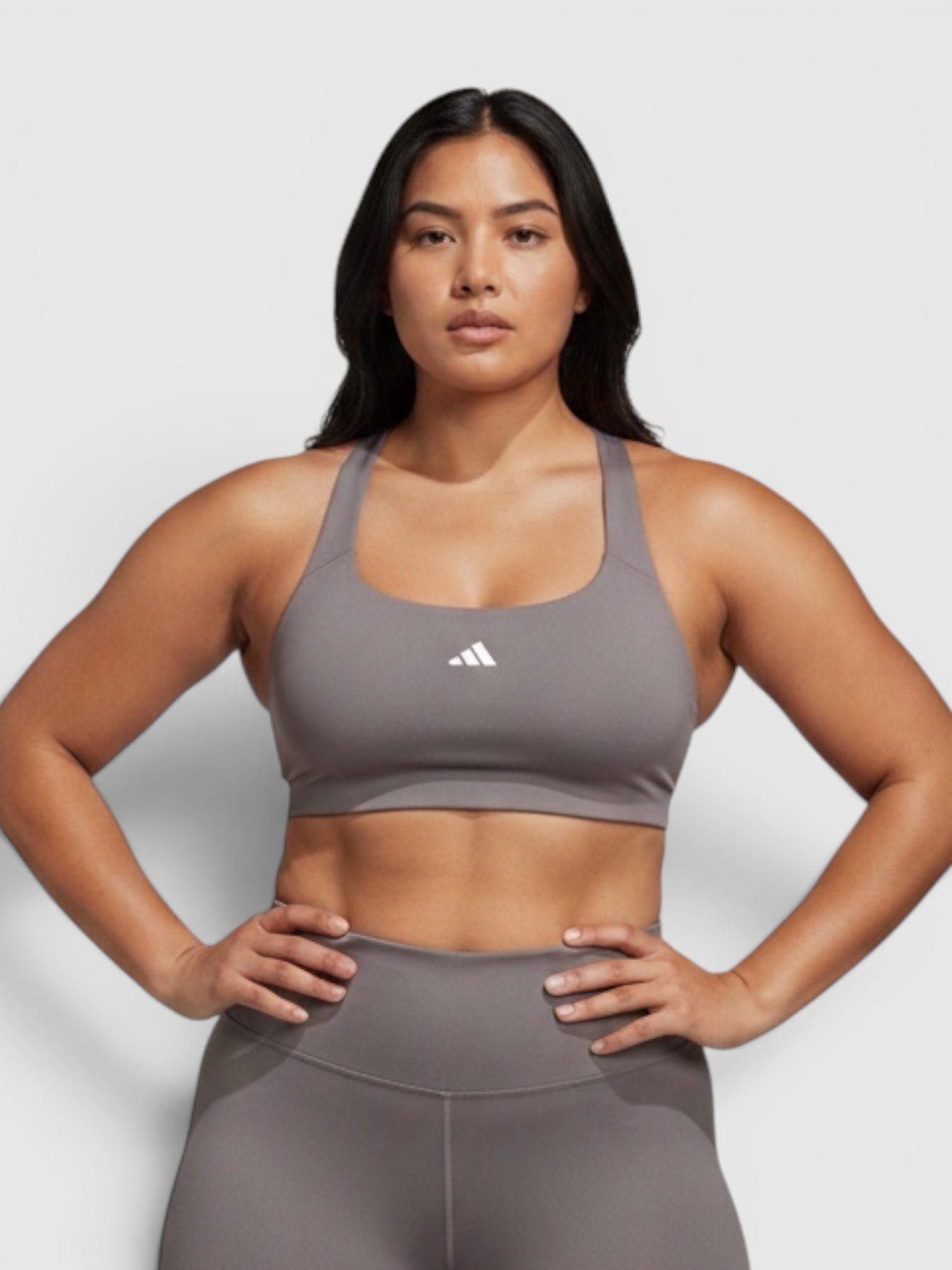 FTFO || BIG BRAND LOW PRICE Adidas Powerimpact medium support sports bra in grey on a model with matching leggings