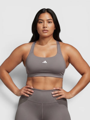 FTFO || BIG BRAND LOW PRICE Adidas Powerimpact medium support sports bra in grey on a model with matching leggings