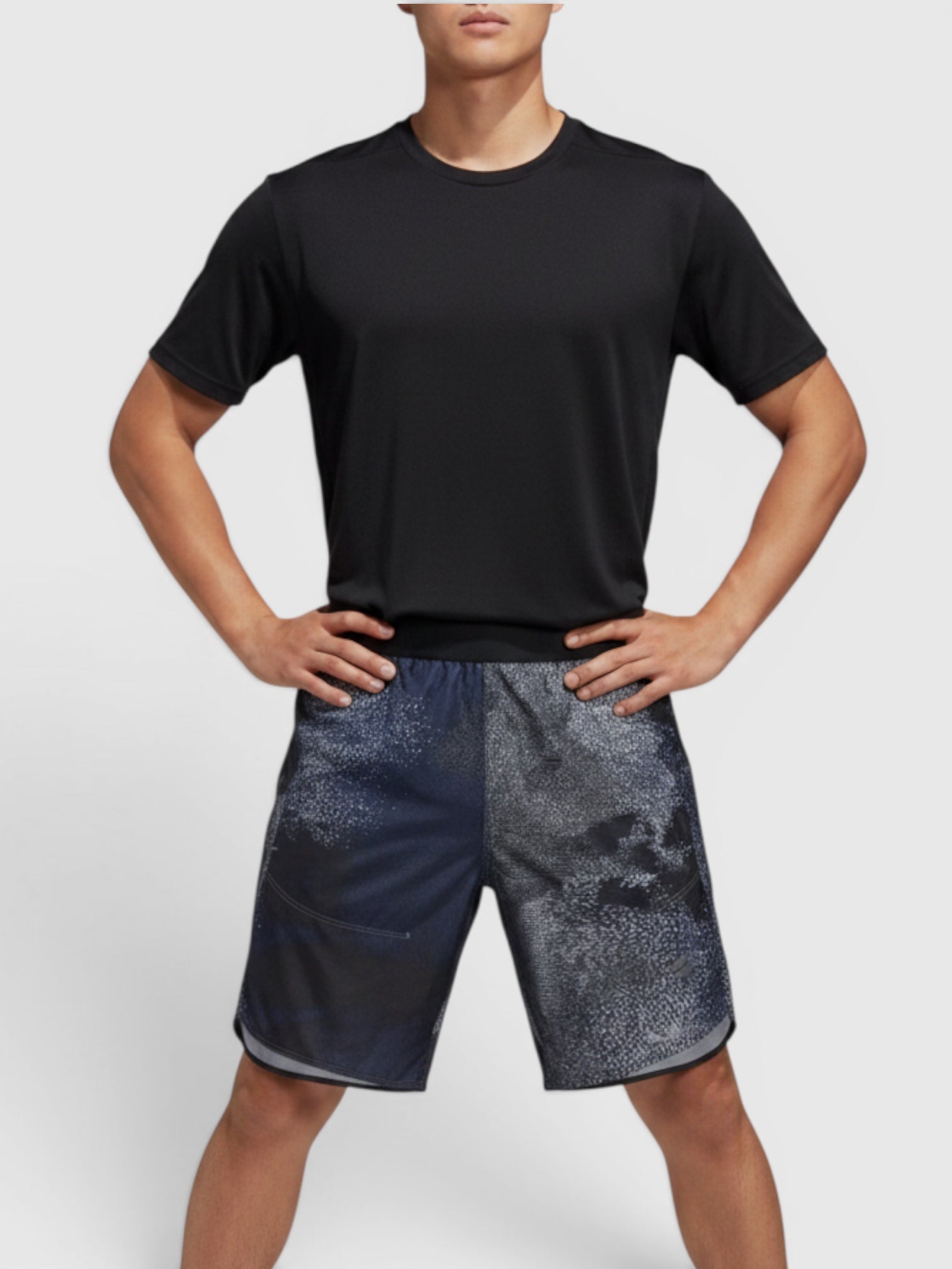 FTFO || BIG BRAND LOW PRICE Adidas B HIIT training shorts for boys in black with a speckled pattern and side vents.