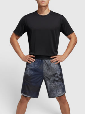 FTFO || BIG BRAND LOW PRICE Adidas B HIIT training shorts for boys in black with a speckled pattern and side vents.