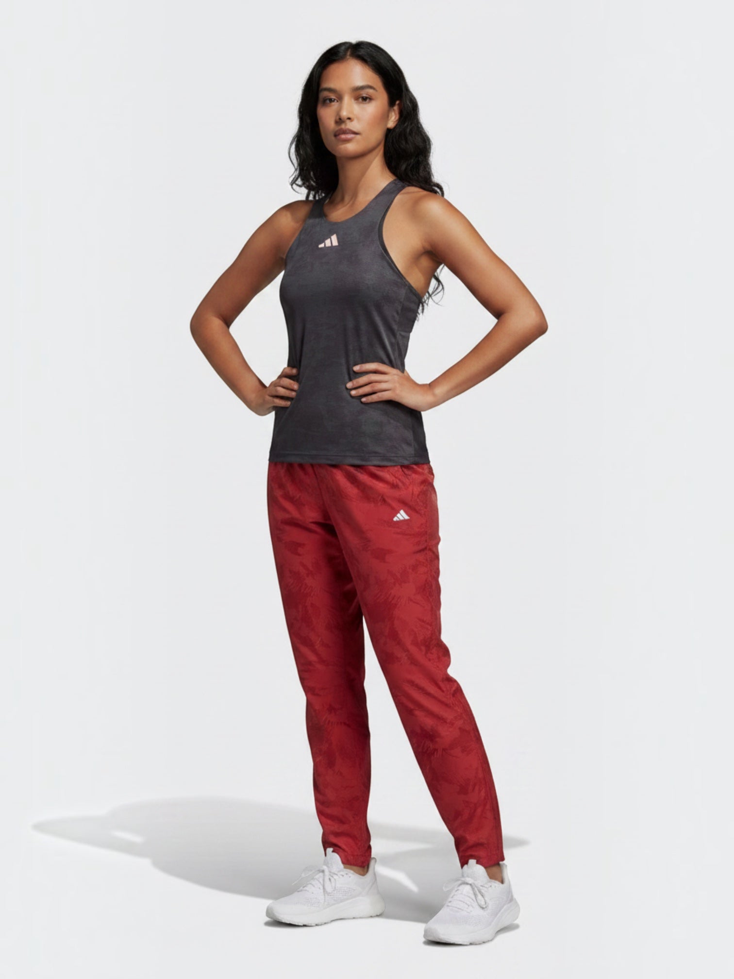 FTFO || BIG BRAND LOW PRICE Adidas Paris HEAT.RDY Y-tank top in dark grey worn by a model with red patterned pants