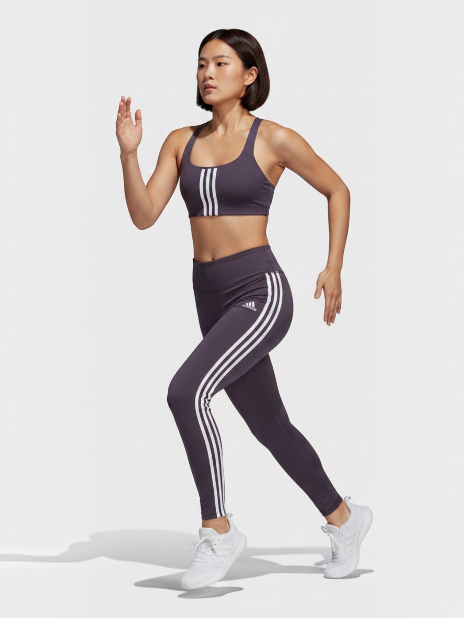 FTFO || BIG BRAND LOW PRICE Adidas Powerimpact medium support sports bra and leggings set in dark purple with 3-stripes