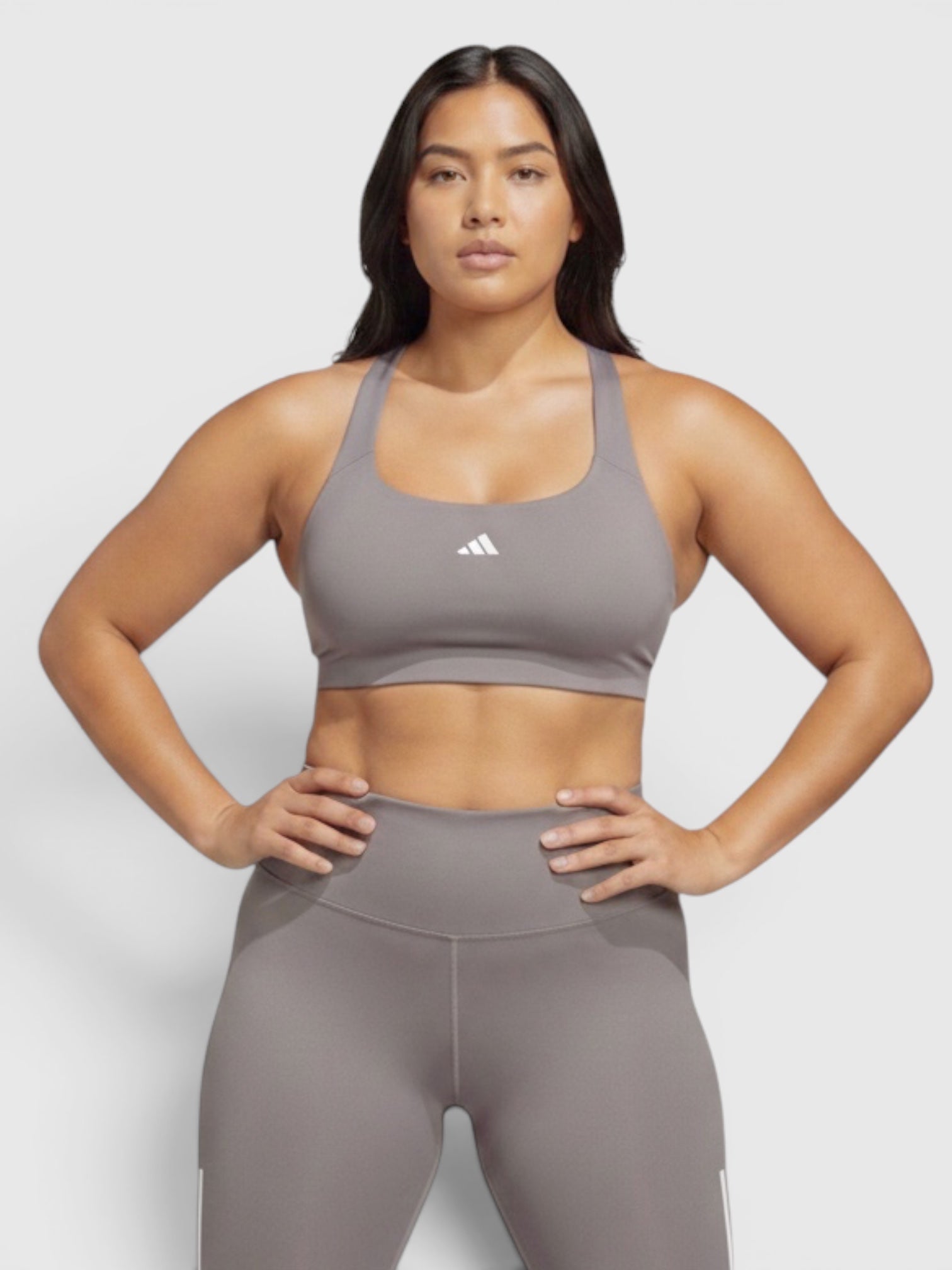FTFO || BIG BRAND LOW PRICE Adidas PWRCT MS 3S medium-support sports bra in grey with racerback and 3-stripes design