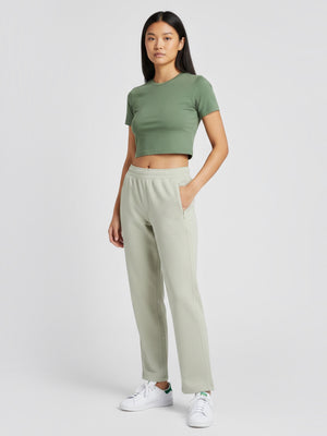 Model wearing FTFO || BIG BRAND LOW PRICE Adidas Basketball velour straight leg pants in light green with pockets