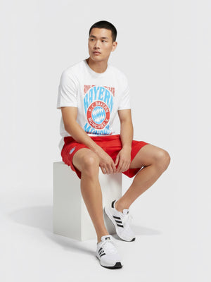 FTFO || BIG BRAND LOW PRICE white cotton Adidas FC Bayern Munich graphic t-shirt worn by a male model